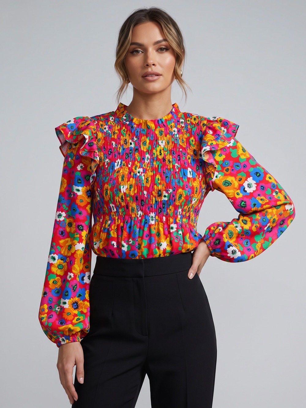JODIFL Bright Multicolor Floral Smocked Ruffle Blouse